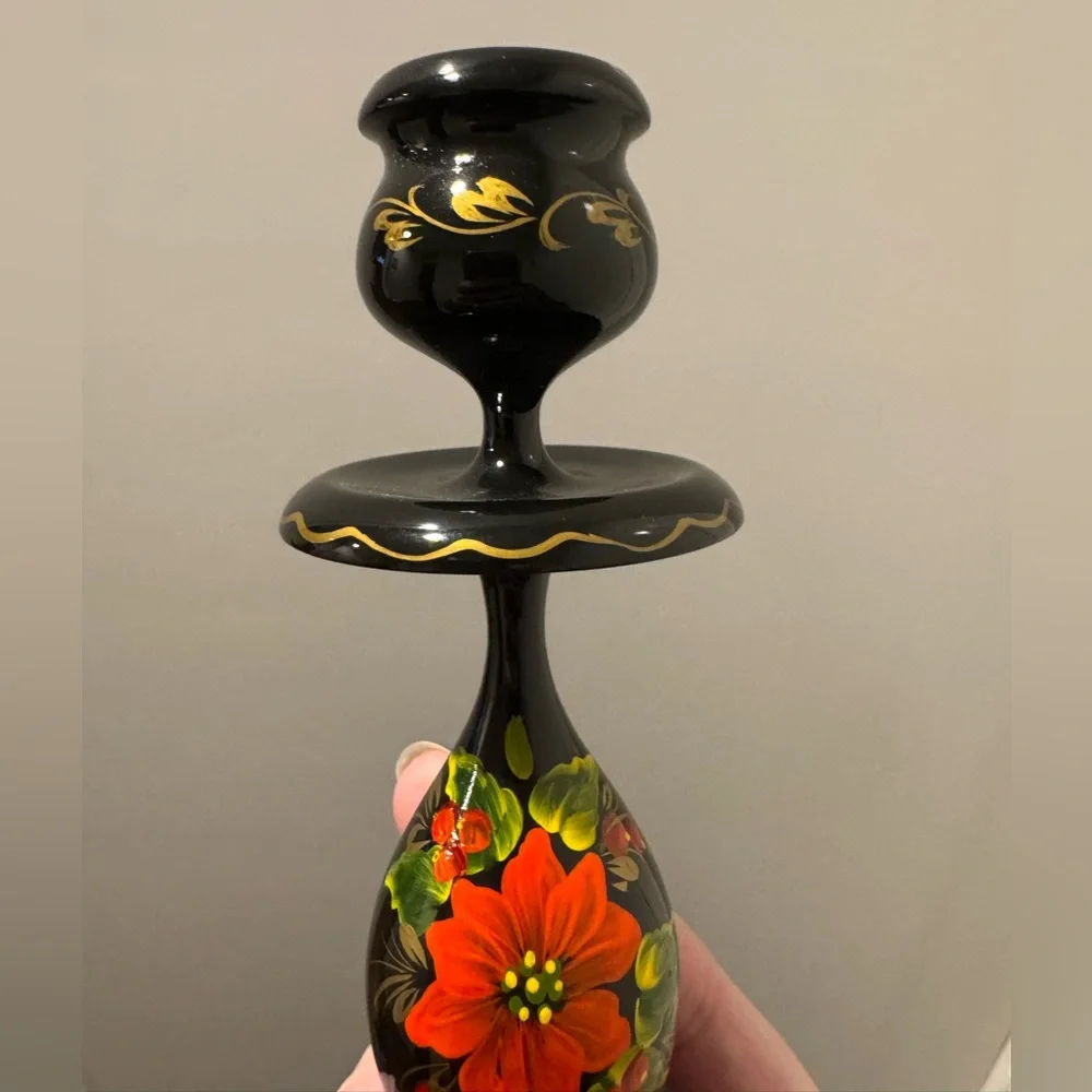 Ukrainian Hand Painted Signed Floral Candlestick Holder Vintage